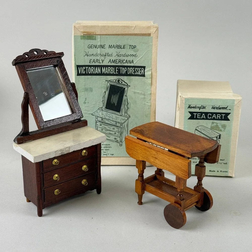 Vtg Doll house furniture Hardwood Miniature Victorian‎ Dresser and Tea Cart 1:12